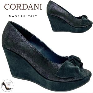 Cordani Roselyn Metallic Navy Blue Leather Platform Shoes Suede Wedge Pumps 38